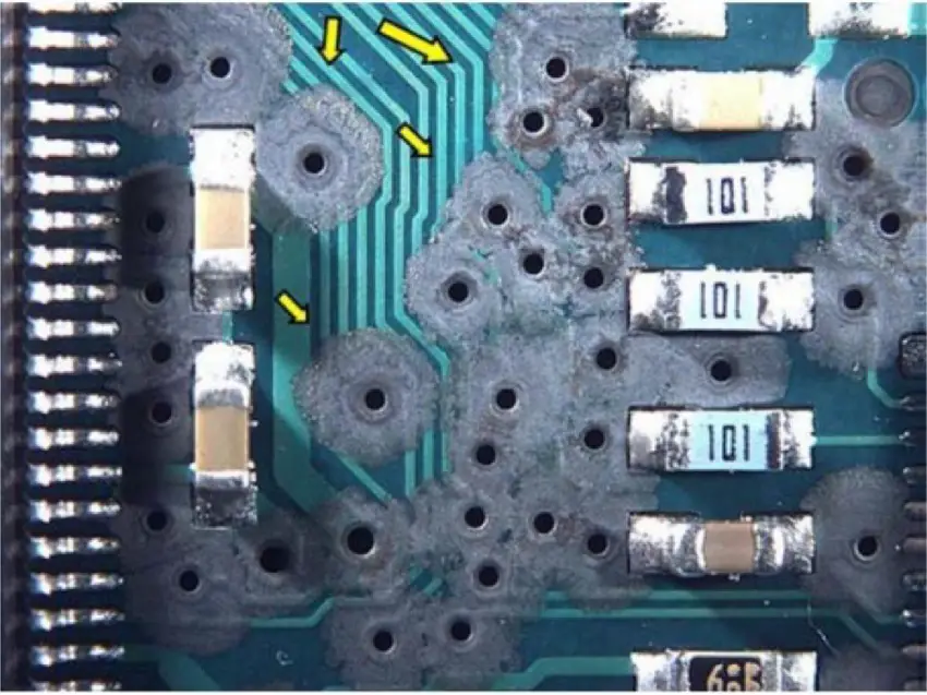 How Moisture Affects Electronics - Corrosion on silver-finished board